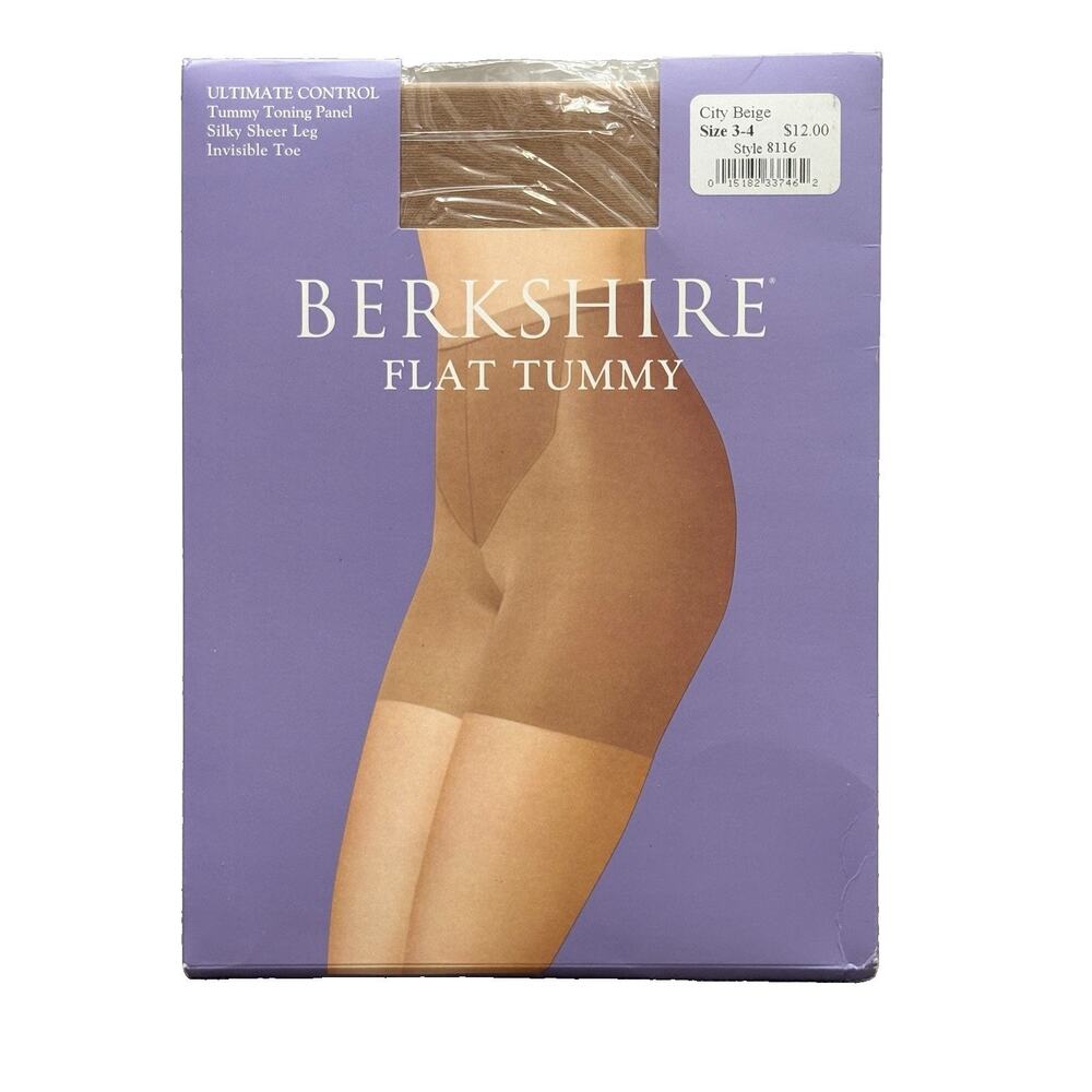 Vintage Berkshire Flat Tummy Sheer Pantyhose City Beige NWT Size 3/4